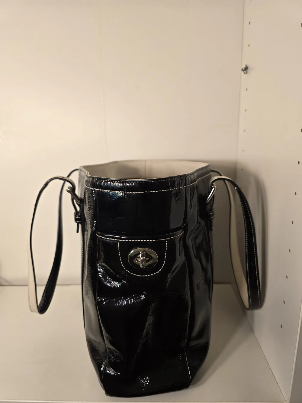 Coach Black Patent Leather Tote Bag with White Trim and Signature Lining